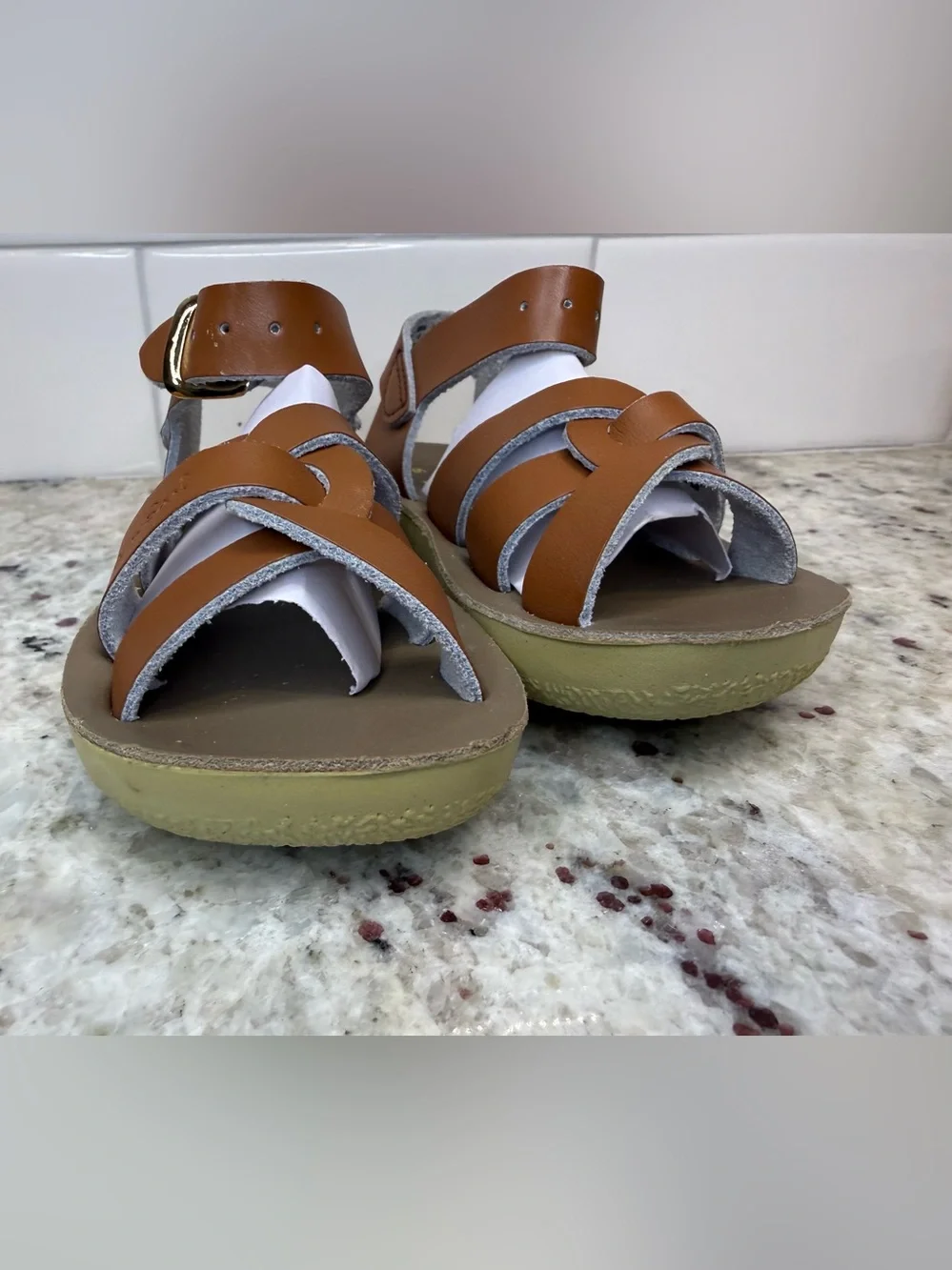 Salt Water Brown Genuine Leather Strap Sandals with Gold Buckle Size 6 NIB